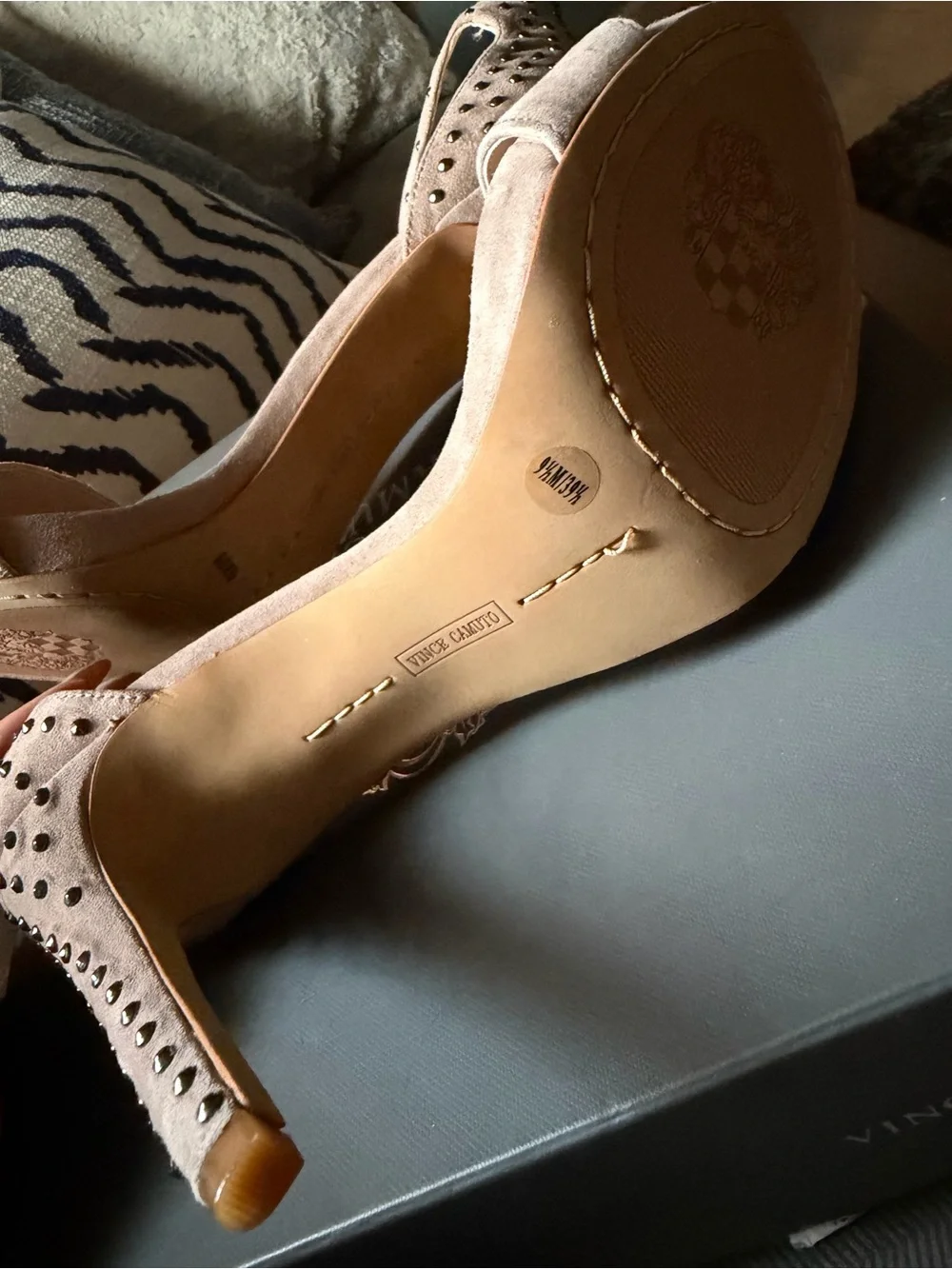Vince Camuto Taupe Suede Studded Ankle-Strap Heels